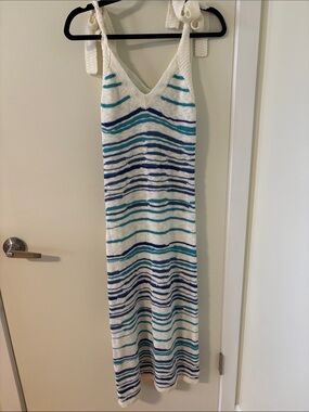 Greylin White Knit Maxi Dress with Blue & Teal Stripes Small